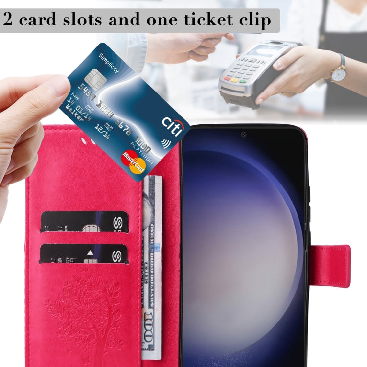 For Samsung Galaxy S25 / S24 5G Tree & Cat Embossed Pattern Flip Leather Phone Case(Rose Red)