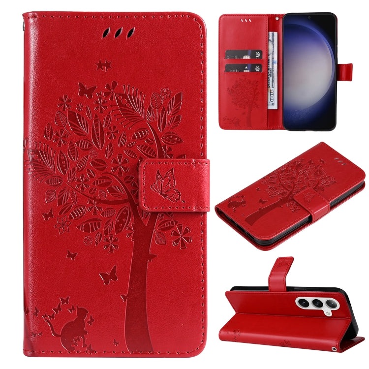 For Samsung Galaxy S25 / S24 5G Tree & Cat Embossed Pattern Flip Leather Phone Case(Red)