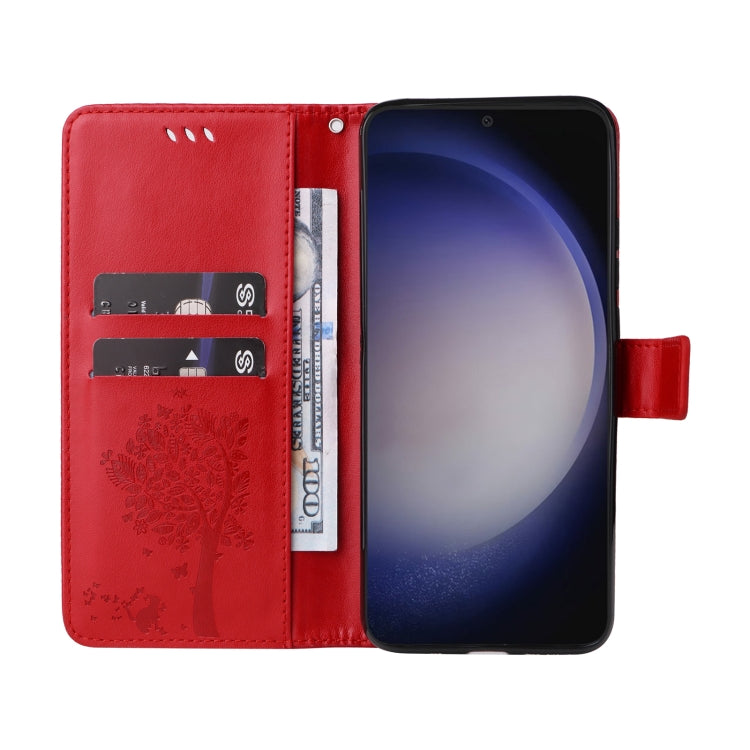 For Samsung Galaxy S25 / S24 5G Tree & Cat Embossed Pattern Flip Leather Phone Case(Red)