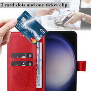 For Samsung Galaxy S25 / S24 5G Tree & Cat Embossed Pattern Flip Leather Phone Case(Red)