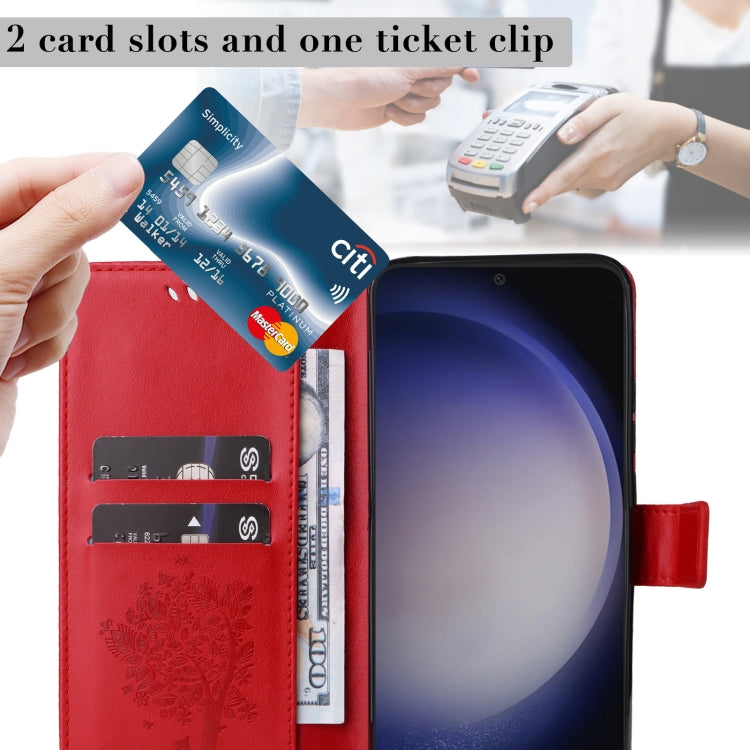 For Samsung Galaxy S25 / S24 5G Tree & Cat Embossed Pattern Flip Leather Phone Case(Red)
