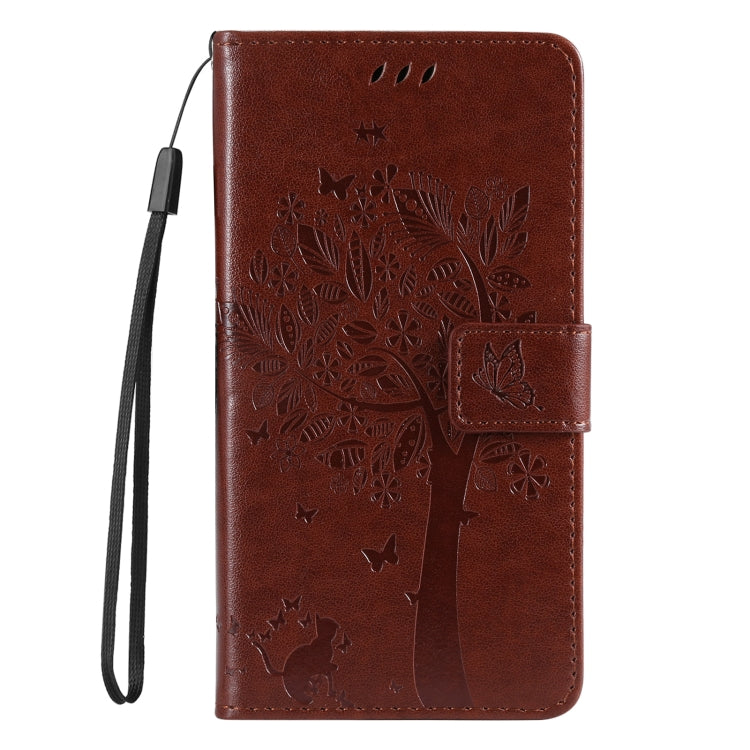 For Samsung Galaxy S25 / S24 5G Tree & Cat Embossed Pattern Flip Leather Phone Case(Coffee)