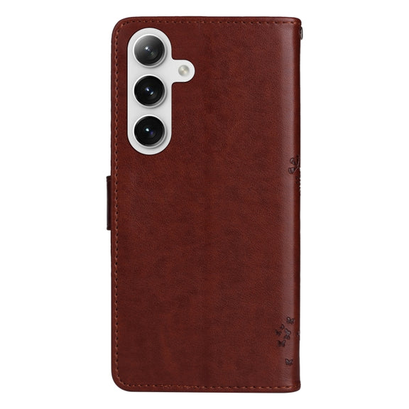 For Samsung Galaxy S25 / S24 5G Tree & Cat Embossed Pattern Flip Leather Phone Case(Coffee)