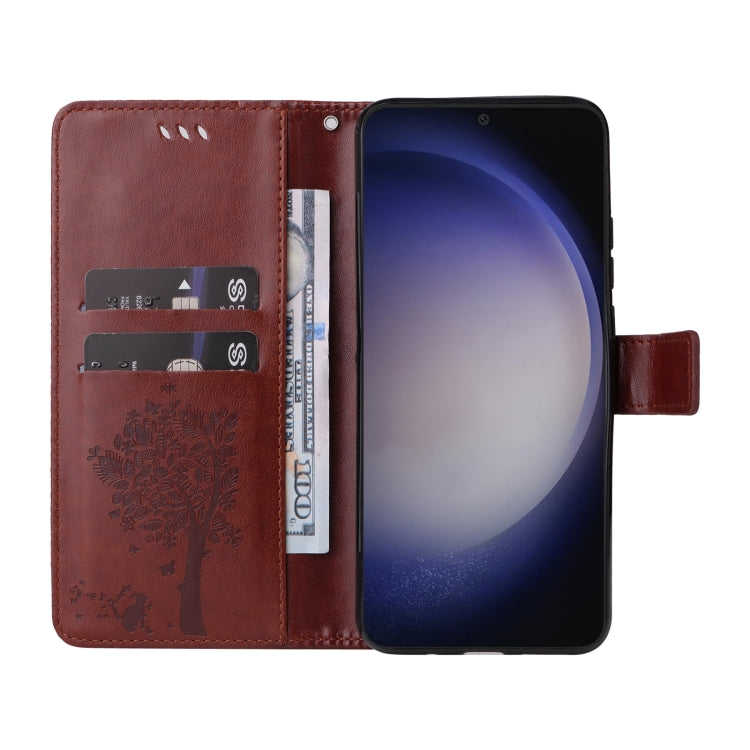 For Samsung Galaxy S25 / S24 5G Tree & Cat Embossed Pattern Flip Leather Phone Case(Coffee)