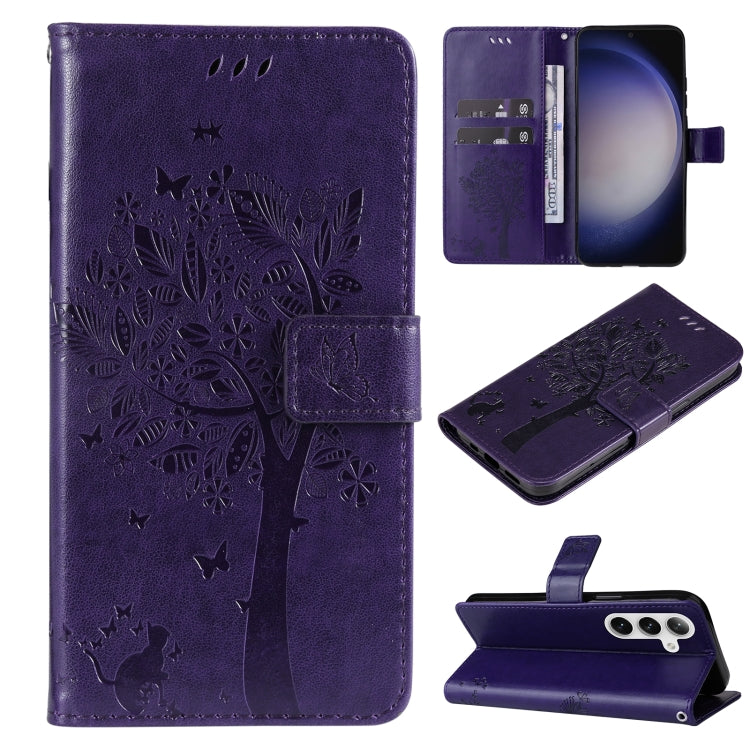 For Samsung Galaxy S25 / S24 5G Tree & Cat Embossed Pattern Flip Leather Phone Case(Purple)