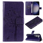 For Samsung Galaxy S25 / S24 5G Tree & Cat Embossed Pattern Flip Leather Phone Case(Purple)