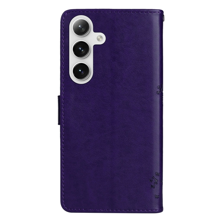 For Samsung Galaxy S25 / S24 5G Tree & Cat Embossed Pattern Flip Leather Phone Case(Purple)