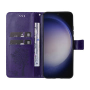For Samsung Galaxy S25 / S24 5G Tree & Cat Embossed Pattern Flip Leather Phone Case(Purple)