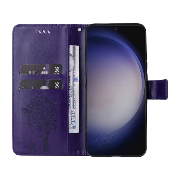 For Samsung Galaxy S25 / S24 5G Tree & Cat Embossed Pattern Flip Leather Phone Case(Purple)