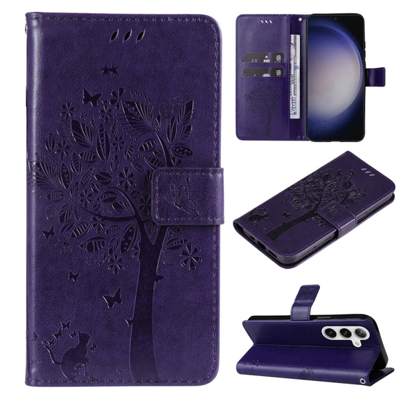 For Samsung Galaxy S25 / S24 5G Tree & Cat Embossed Pattern Flip Leather Phone Case(Purple)