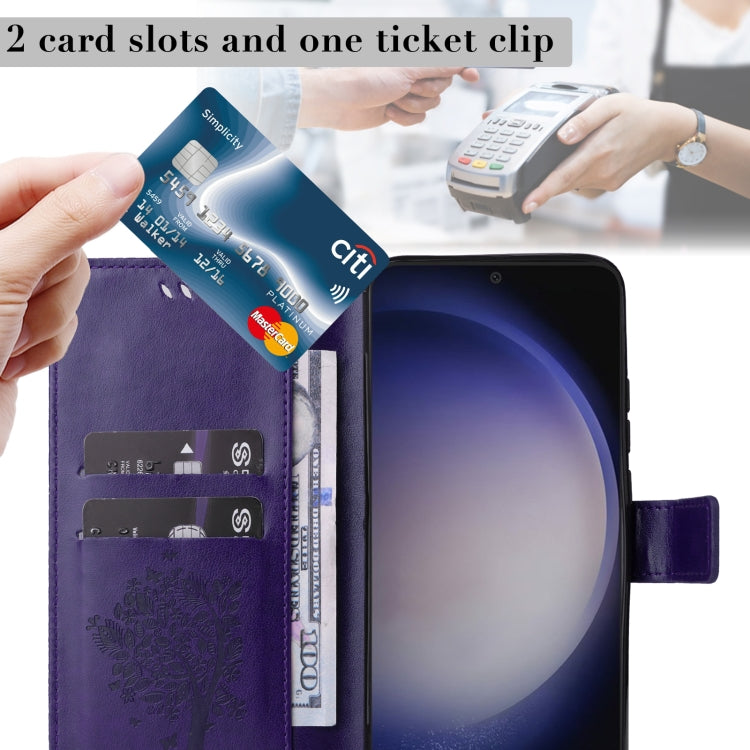 For Samsung Galaxy S25 / S24 5G Tree & Cat Embossed Pattern Flip Leather Phone Case(Purple)