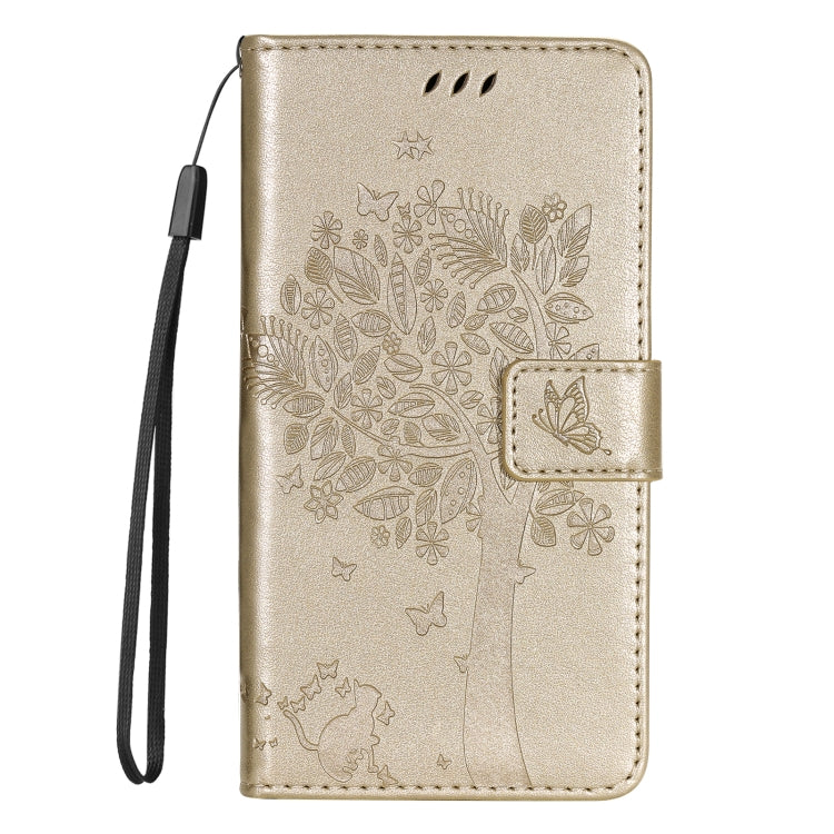 For Samsung Galaxy S25 / S24 5G Tree & Cat Embossed Pattern Flip Leather Phone Case(Gold)
