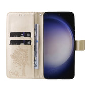 For Samsung Galaxy S25 / S24 5G Tree & Cat Embossed Pattern Flip Leather Phone Case(Gold)