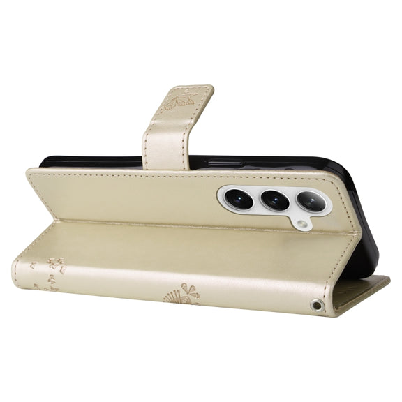 For Samsung Galaxy S25 / S24 5G Tree & Cat Embossed Pattern Flip Leather Phone Case(Gold)