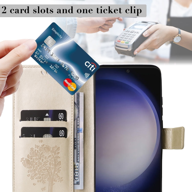 For Samsung Galaxy S25 / S24 5G Tree & Cat Embossed Pattern Flip Leather Phone Case(Gold)