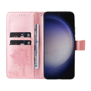 For Samsung Galaxy S25 / S24 5G Tree & Cat Embossed Pattern Flip Leather Phone Case(Rose Gold)