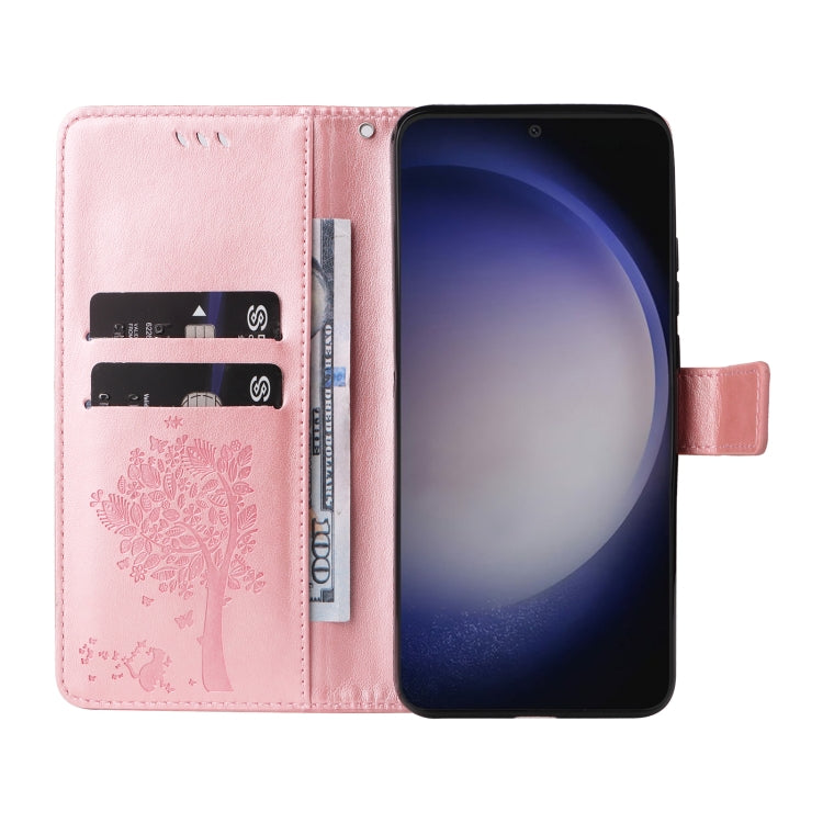 For Samsung Galaxy S25 / S24 5G Tree & Cat Embossed Pattern Flip Leather Phone Case(Rose Gold)