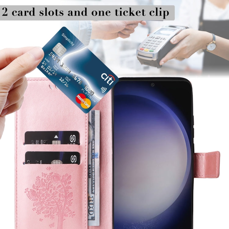 For Samsung Galaxy S25 / S24 5G Tree & Cat Embossed Pattern Flip Leather Phone Case(Rose Gold)