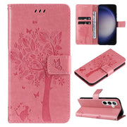 For Samsung Galaxy S25+ / S24+ 5G Tree & Cat Embossed Pattern Flip Leather Phone Case(Pink)
