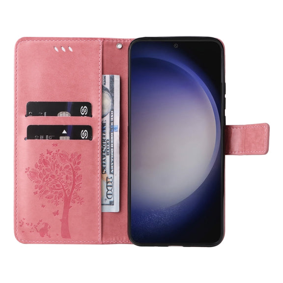 For Samsung Galaxy S25+ / S24+ 5G Tree & Cat Embossed Pattern Flip Leather Phone Case(Pink)