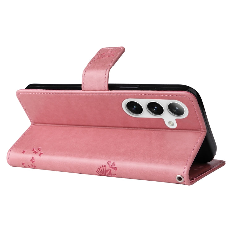 For Samsung Galaxy S25+ / S24+ 5G Tree & Cat Embossed Pattern Flip Leather Phone Case(Pink)