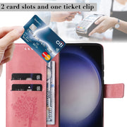 For Samsung Galaxy S25+ / S24+ 5G Tree & Cat Embossed Pattern Flip Leather Phone Case(Pink)