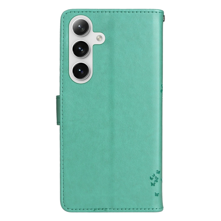 For Samsung Galaxy S25+ / S24+ 5G Tree & Cat Embossed Pattern Flip Leather Phone Case(Green)