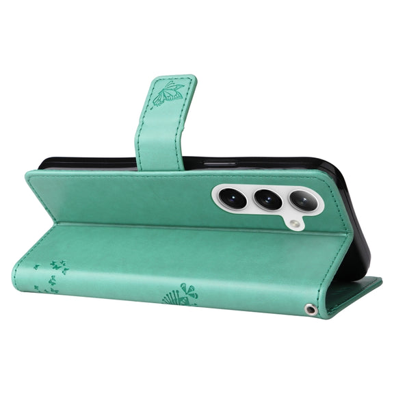 For Samsung Galaxy S25+ / S24+ 5G Tree & Cat Embossed Pattern Flip Leather Phone Case(Green)