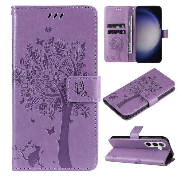 For Samsung Galaxy S25+ / S24+ 5G Tree & Cat Embossed Pattern Flip Leather Phone Case(Light Purple)