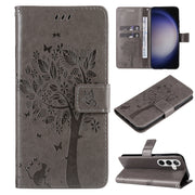 For Samsung Galaxy S25+ / S24+ 5G Tree & Cat Embossed Pattern Flip Leather Phone Case(Grey)