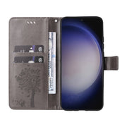 For Samsung Galaxy S25+ / S24+ 5G Tree & Cat Embossed Pattern Flip Leather Phone Case(Grey)