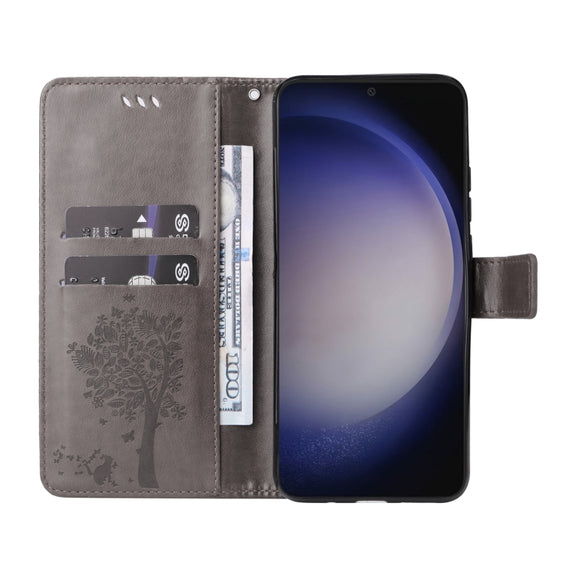 For Samsung Galaxy S25+ / S24+ 5G Tree & Cat Embossed Pattern Flip Leather Phone Case(Grey)