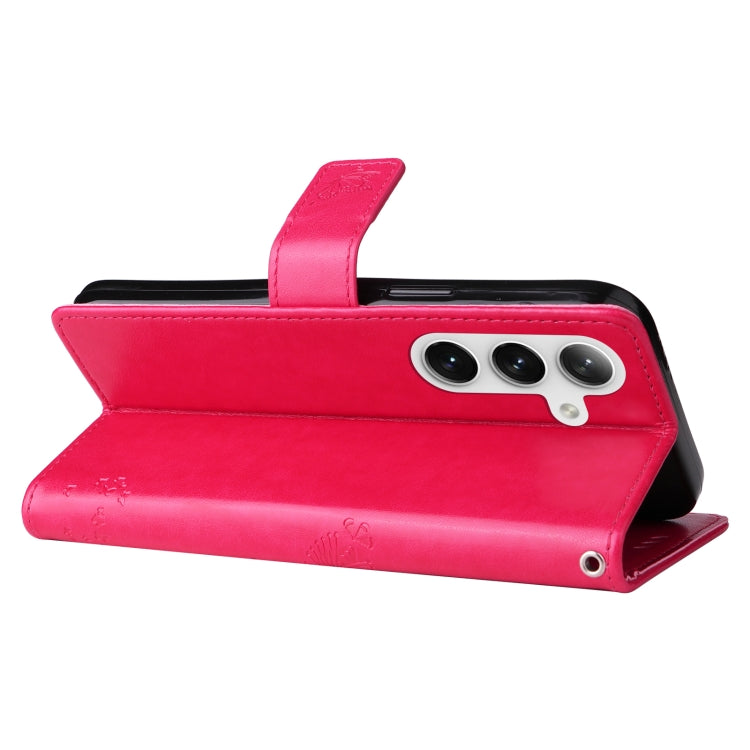 For Samsung Galaxy S25+ / S24+ 5G Tree & Cat Embossed Pattern Flip Leather Phone Case(Rose Red)