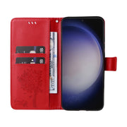 For Samsung Galaxy S25+ / S24+ 5G Tree & Cat Embossed Pattern Flip Leather Phone Case(Red)