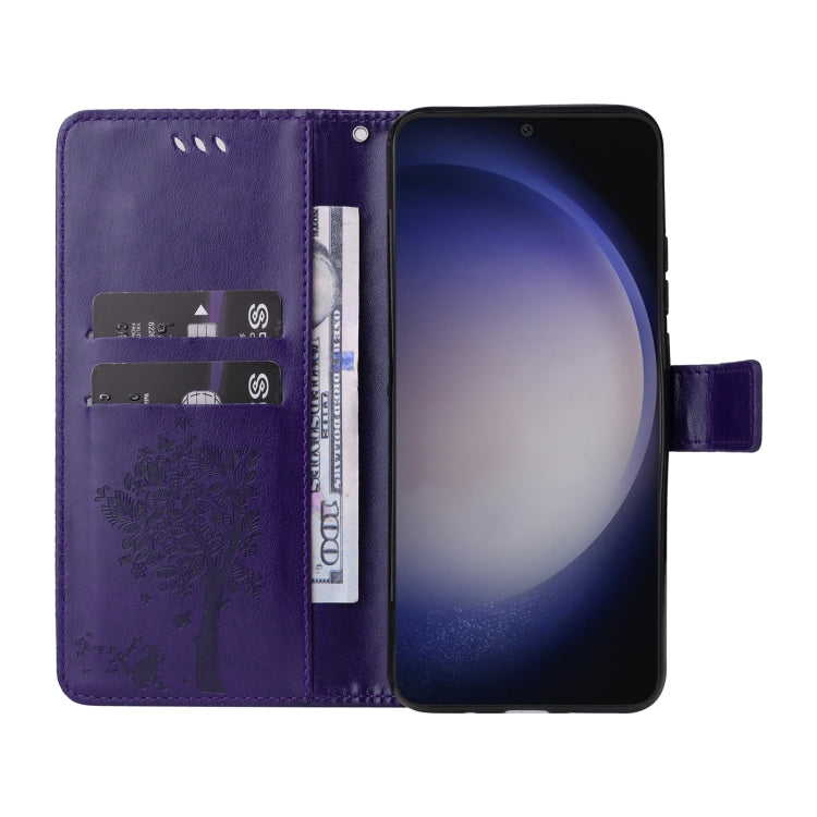 For Samsung Galaxy S25+ / S24+ 5G Tree & Cat Embossed Pattern Flip Leather Phone Case(Purple)