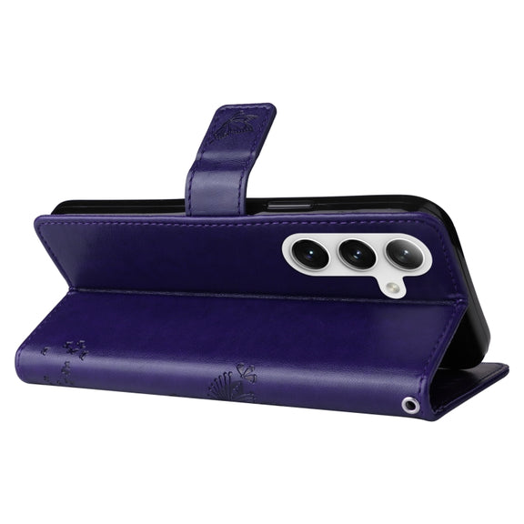 For Samsung Galaxy S25+ / S24+ 5G Tree & Cat Embossed Pattern Flip Leather Phone Case(Purple)
