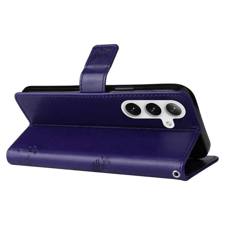 For Samsung Galaxy S25+ / S24+ 5G Tree & Cat Embossed Pattern Flip Leather Phone Case(Purple)
