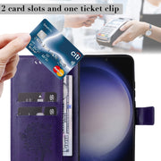 For Samsung Galaxy S25+ / S24+ 5G Tree & Cat Embossed Pattern Flip Leather Phone Case(Purple)