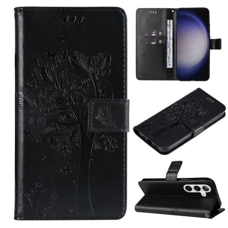 For Samsung Galaxy S25+ / S24+ 5G Tree & Cat Embossed Pattern Flip Leather Phone Case(Black)