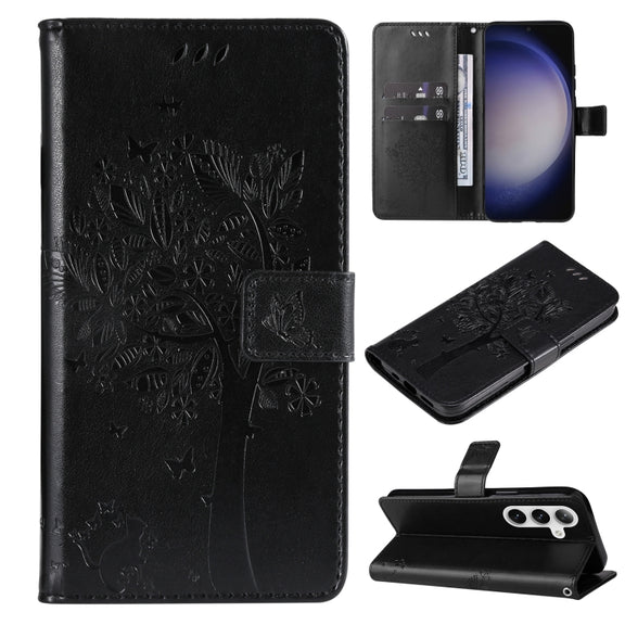 For Samsung Galaxy S25+ / S24+ 5G Tree & Cat Embossed Pattern Flip Leather Phone Case(Black)