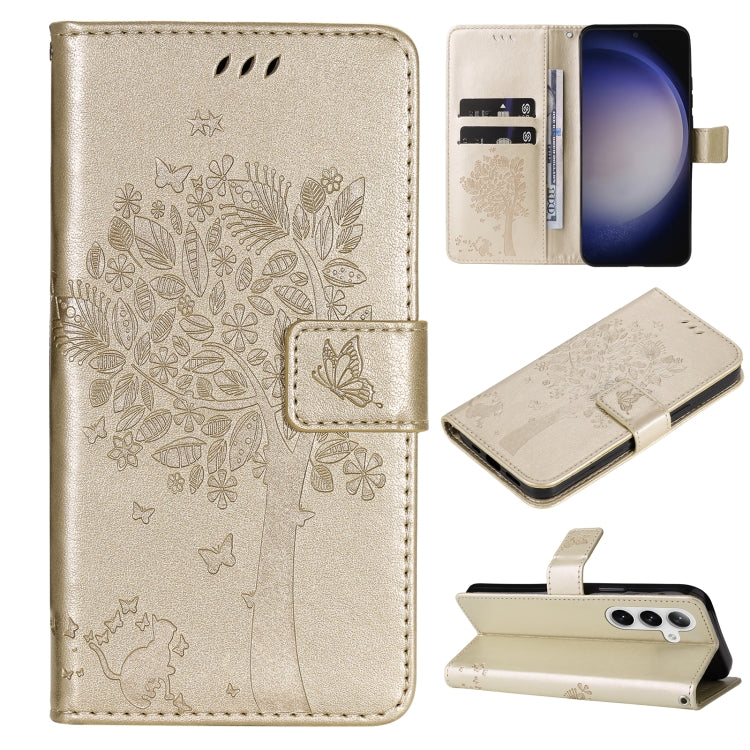 For Samsung Galaxy S25+ / S24+ 5G Tree & Cat Embossed Pattern Flip Leather Phone Case(Gold)