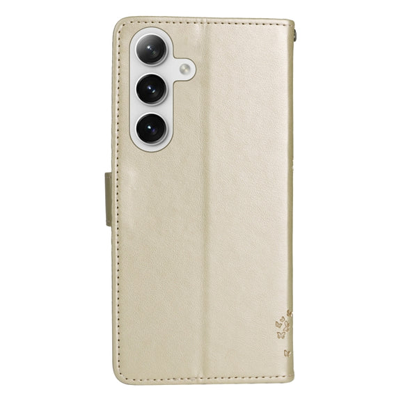 For Samsung Galaxy S25+ / S24+ 5G Tree & Cat Embossed Pattern Flip Leather Phone Case(Gold)