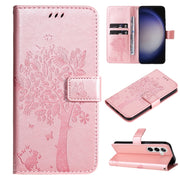 For Samsung Galaxy S25+ / S24+ 5G Tree & Cat Embossed Pattern Flip Leather Phone Case(Rose Gold)
