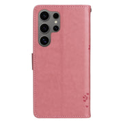 For Samsung Galaxy S25 Ultra 5G Tree & Cat Embossed Pattern Flip Leather Phone Case(Pink)