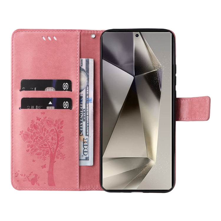For Samsung Galaxy S25 Ultra 5G Tree & Cat Embossed Pattern Flip Leather Phone Case(Pink)