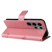 For Samsung Galaxy S25 Ultra 5G Tree & Cat Embossed Pattern Flip Leather Phone Case(Pink)