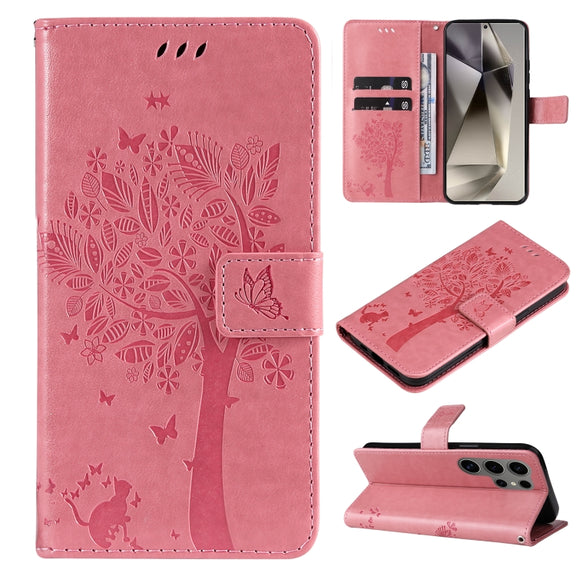 For Samsung Galaxy S25 Ultra 5G Tree & Cat Embossed Pattern Flip Leather Phone Case(Pink)
