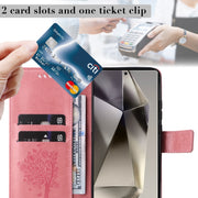 For Samsung Galaxy S25 Ultra 5G Tree & Cat Embossed Pattern Flip Leather Phone Case(Pink)