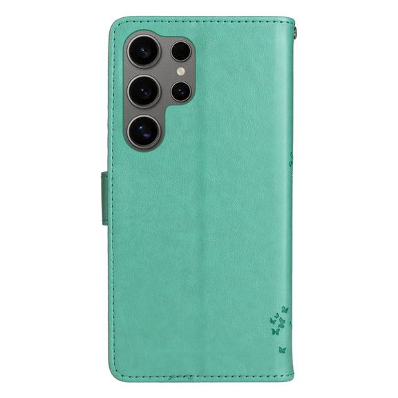 For Samsung Galaxy S25 Ultra 5G Tree & Cat Embossed Pattern Flip Leather Phone Case(Green)