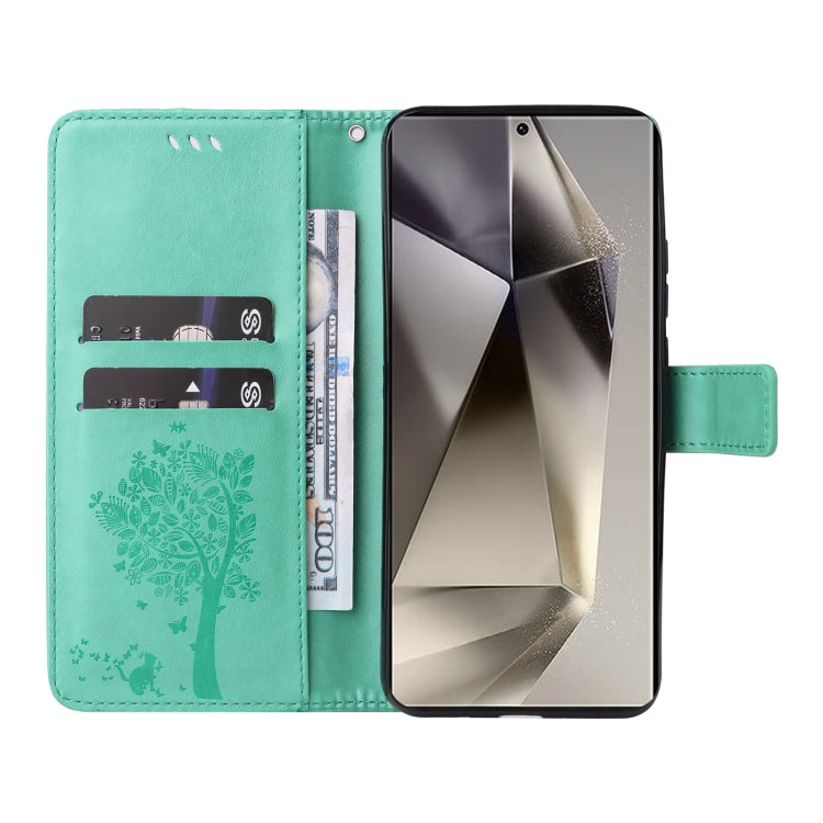 For Samsung Galaxy S25 Ultra 5G Tree & Cat Embossed Pattern Flip Leather Phone Case(Green)